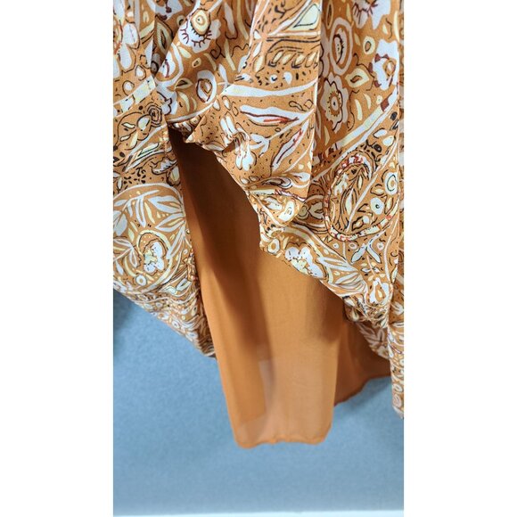 Melloday Blouse Women XL Smocked Paisley Peasant Elastic Sleeves Mustard & Ivory - Picture 9 of 14